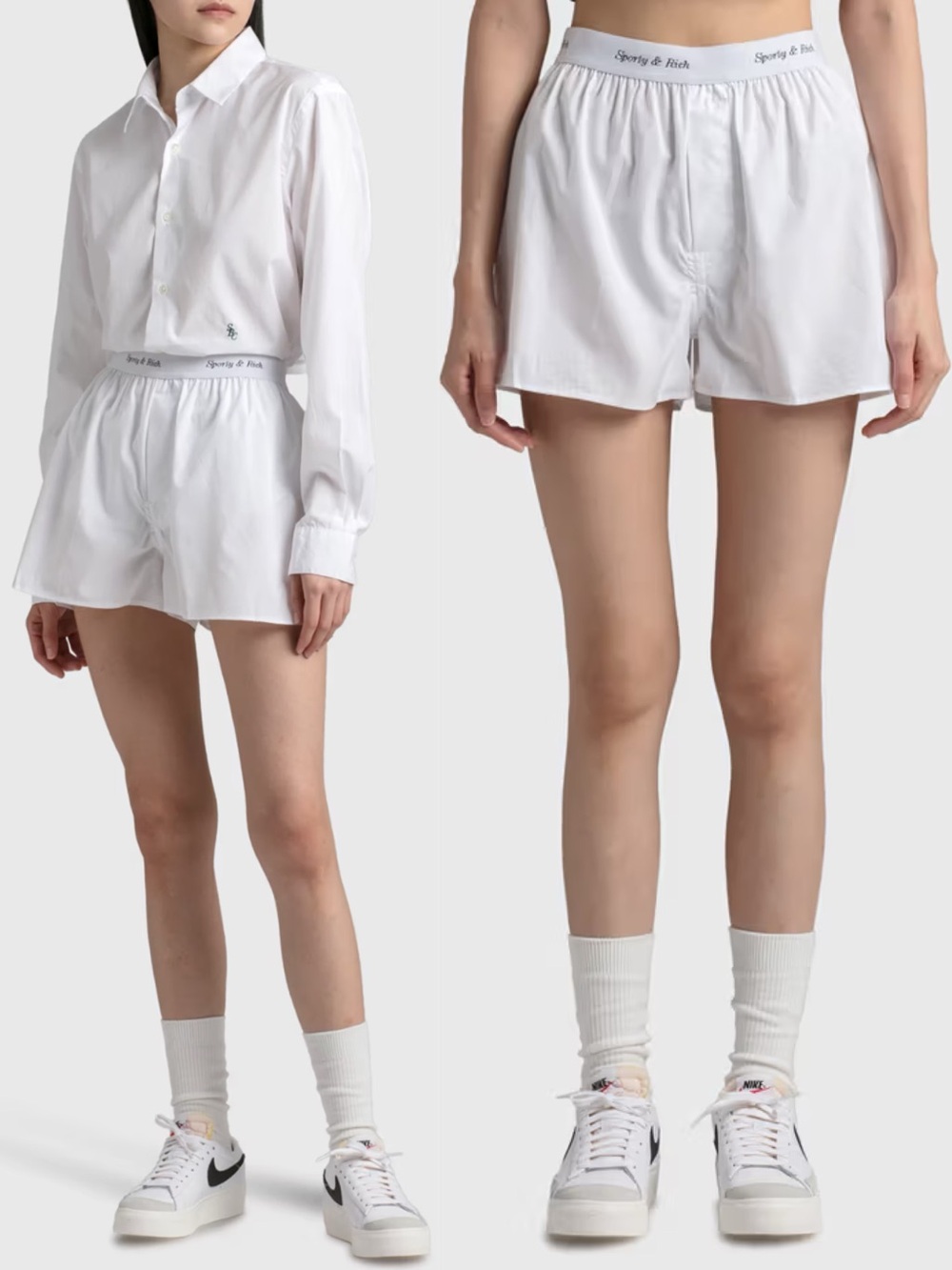 SPORTY & RICH White Cotton Poplin Logo Cassie Boxer Shorts Size L/XL Loungewear